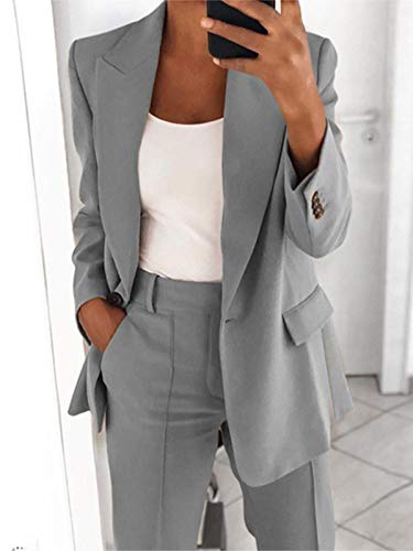 Onsoyours Blazer para Mujer Elegante Mangas Largas Chaqueta de Traje con Botones Dorados Corte Slim de Negocio Oficina Color Sólido Gris XL