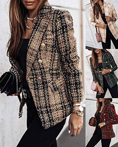 Onsoyours Chaqueta de Mujer Abrigos Otoño Moda A Cuadros Casual Manga Larga con Bolsillos Botonadura Slim Fit Oficina Negocios Otoño Invierno A Rojo S