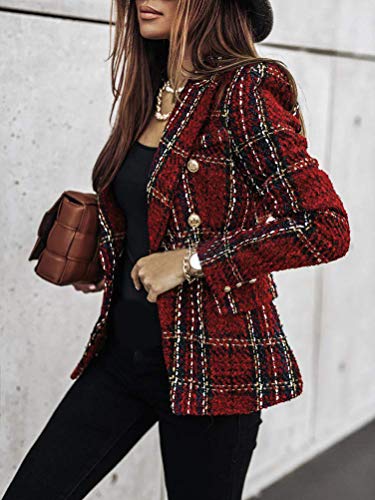 Onsoyours Chaqueta de Mujer Abrigos Otoño Moda A Cuadros Casual Manga Larga con Bolsillos Botonadura Slim Fit Oficina Negocios Otoño Invierno A Rojo S
