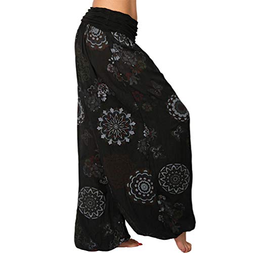Onsoyours Mujer Pantalones Hippies Tailandeses Estampado Verano Cintura Alta Elastica para Baggy Yoga Casual Bombacho clásico Design Boyfriend Harem Pantalón C Negro XXXX-Large