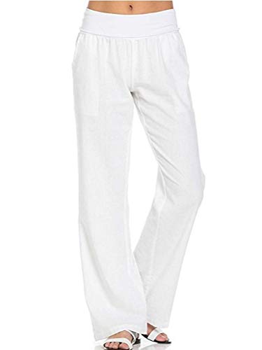 Onsoyours Pantalones De Algodón Y Lino para Mujer Sueltos Color Sólido Pantalones De Cintura Elástica Casual Pantalones De Otoño con Bolsillo Blanco XL