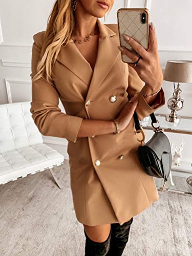 Onsoyours Vestido Largo para Mujer Estilo Militar Double-Breasted Button Mujer Blazer Manga Larga Chaqueta Mini Vestido Oficina Negocios OL Chaqueta Abrigo A Caqui 42