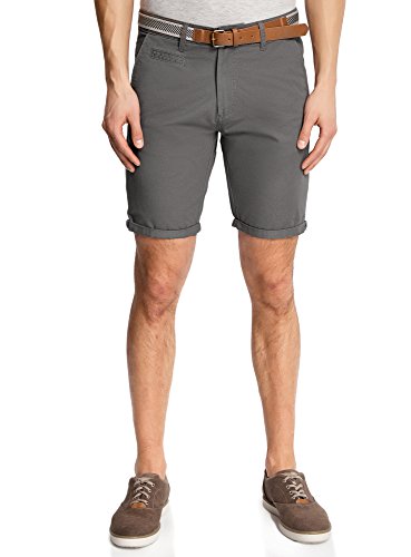 oodji Ultra Hombre Pantalón Corto de Algodón con Cinturón, Gris, 48