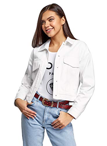 oodji Ultra Mujer Chaqueta Vaquera con Botones a Presión, Blanco, ES 44 / XL
