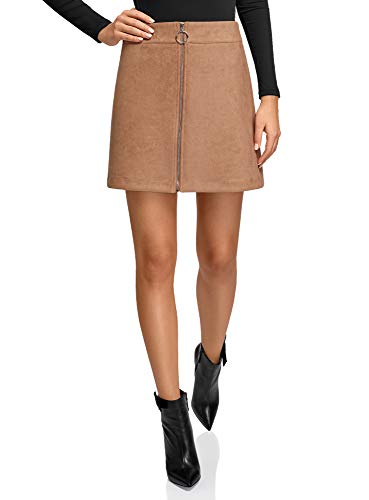 oodji Ultra Mujer Falda de Piel Sintética con Cremallera, Beige, ES 34 / XXS