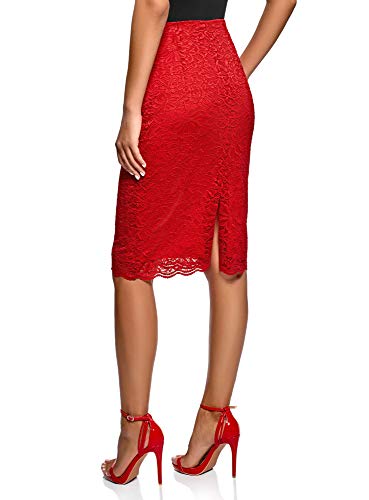 oodji Ultra Mujer Falda-Lápiz de Encaje, Rojo, ES 36 / XS