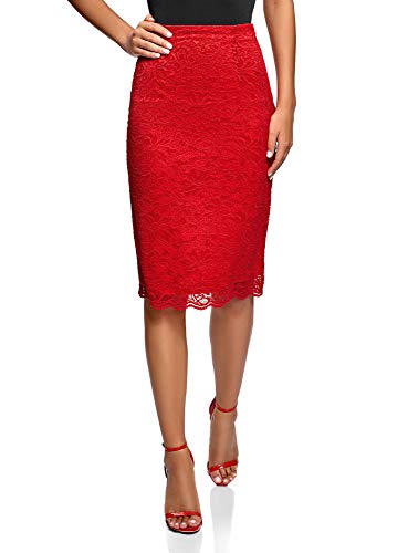 oodji Ultra Mujer Falda-Lápiz de Encaje, Rojo, ES 36 / XS
