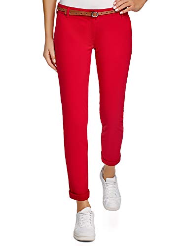 oodji Ultra Mujer Pantalones Chinos con Cinturón, Rojo, DE 38 / EU 40 / M