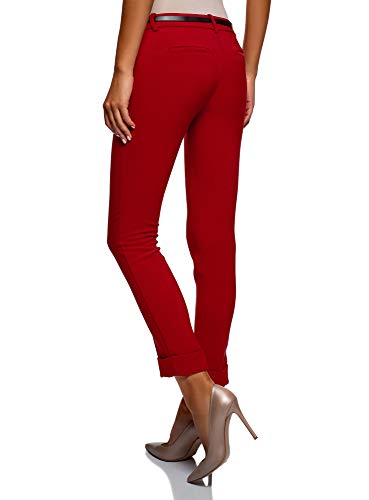 oodji Ultra Mujer Pantalones con Dobladillos y Cinturón, Rojo, ES 42 / L