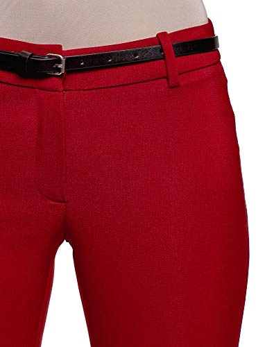 oodji Ultra Mujer Pantalones con Dobladillos y Cinturón, Rojo, ES 42 / L