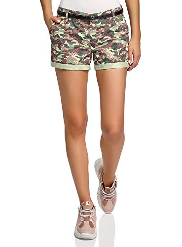 oodji Ultra Mujer Pantalones Cortos de Algodón con Cinturón, Verde, S