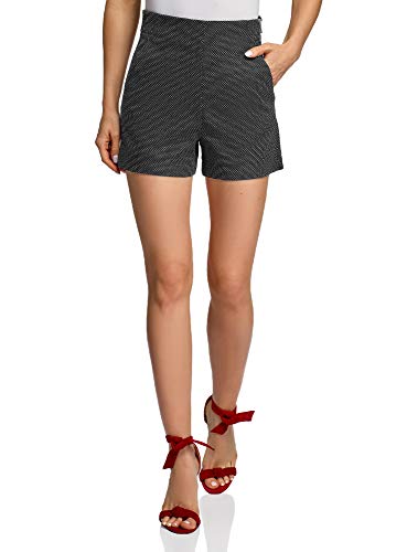 oodji Ultra Mujer Pantalones Cortos de Jacquard de Tiro Alto, Negro, ES 36 / XS