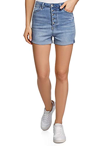oodji Ultra Mujer Pantalones Cortos Vaqueros de Tiro Alto, Azul, S