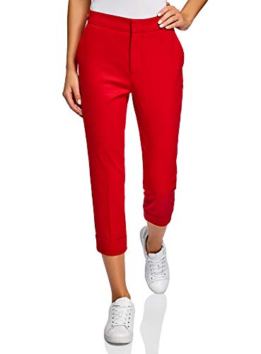 oodji Ultra Mujer Pantalones de Algodón con Dobladillos, Rojo, ES 34 / XXS