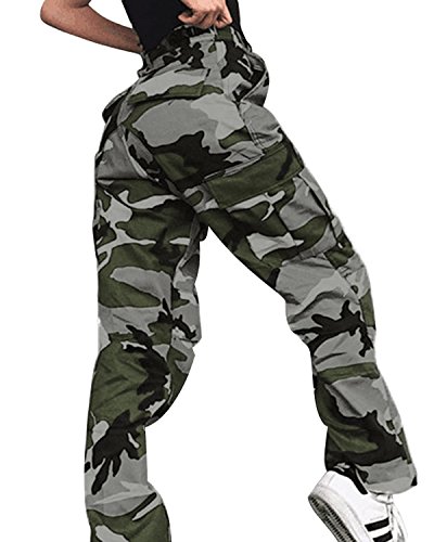 ORANDESIGNE Mujer Verano Camo Pantalones Casual Camuflaje Cargo Deportivos Pantalón Unisexo Deporte Bolsillos Fitness Running Yoga Verde EU X-Small