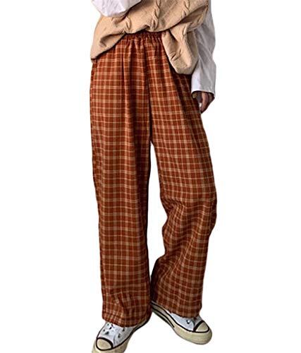 ORANDESIGNE Pantalones a Cuadros de Mujer Suelto Cintura Alta Pantalones Anchos Pantalones Rectos B Amarillo L