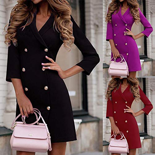 ORANDESIGNE Vestido Blazer para Mujer Elegante Manga Larga con Cuello En V Vestido Cruzado con Camisa Cruzada Chaquetas de Oficina de Manga Larga Traje con Botones A Vino Rojo 42