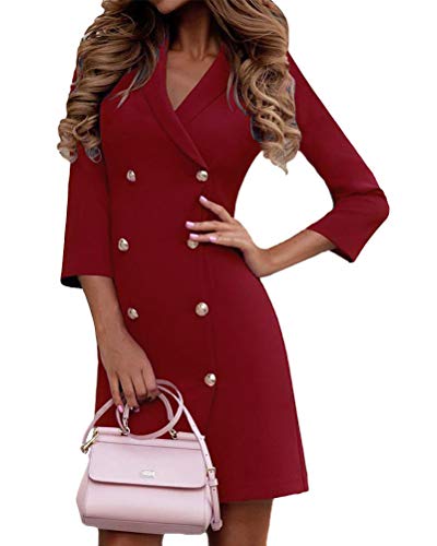 ORANDESIGNE Vestido Blazer para Mujer Elegante Manga Larga con Cuello En V Vestido Cruzado con Camisa Cruzada Chaquetas de Oficina de Manga Larga Traje con Botones A Vino Rojo 42