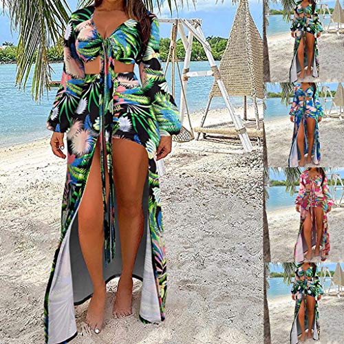 OSELLINE 2021 New Bikini Set, Mujeres Hojas Estampado 2 Piezas Bikini Traje de baño Puff Manga Larga Crop Top Maxi Falda Azul