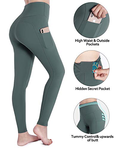 OUGES Pantalones de yoga con bolsillos de cintura alta para mujer Pantalones para correr Leggings de entrenamiento(Green,L)