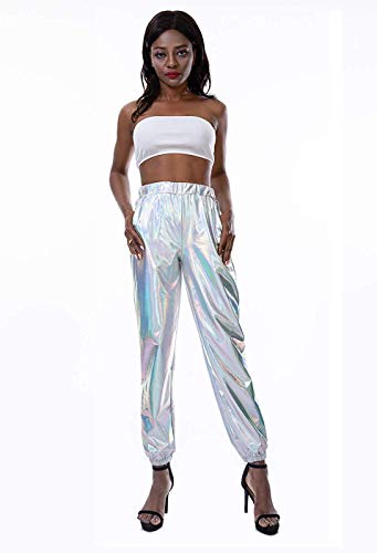 OUlike Pantalones metálicos brillantes para mujer, estilo punk hip hop, pantalones holográficos de cintura alta para yoga.