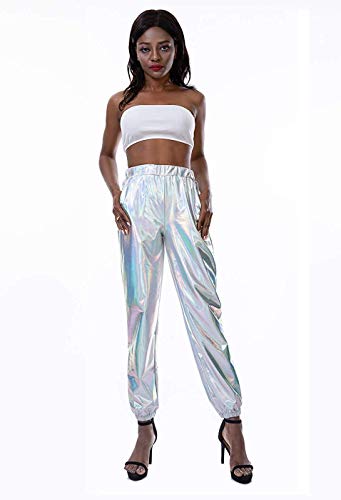 OUlike Pantalones metálicos brillantes para mujer, estilo punk hip hop, pantalones holográficos de cintura alta para yoga.
