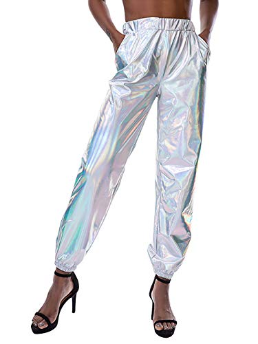 OUlike Pantalones metálicos brillantes para mujer, estilo punk hip hop, pantalones holográficos de cintura alta para yoga.