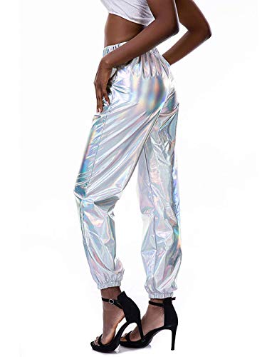 OUlike Pantalones metálicos brillantes para mujer, estilo punk hip hop, pantalones holográficos de cintura alta para yoga.