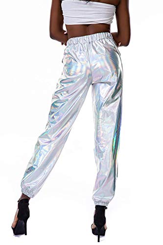OUlike Pantalones metálicos brillantes para mujer, estilo punk hip hop, pantalones holográficos de cintura alta para yoga.