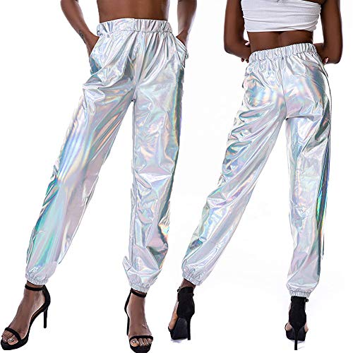 OUlike Pantalones metálicos brillantes para mujer, estilo punk hip hop, pantalones holográficos de cintura alta para yoga.