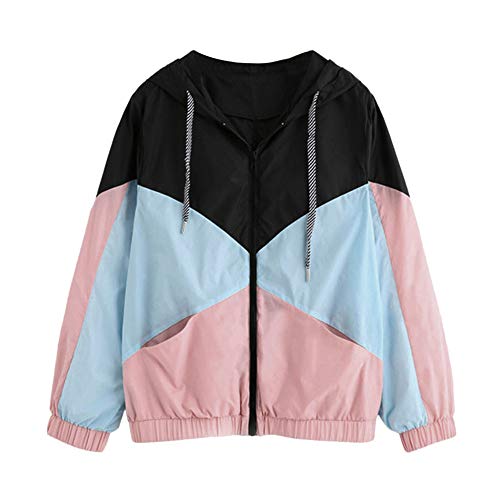 Overdose Nuevo Modelo De Moda Mujeres Manga Larga Patchwork Piel Fina Trajes con Capucha Cremallera Casual Sport Coat Sudadera con Capucha Superior (M, R-Rosa)