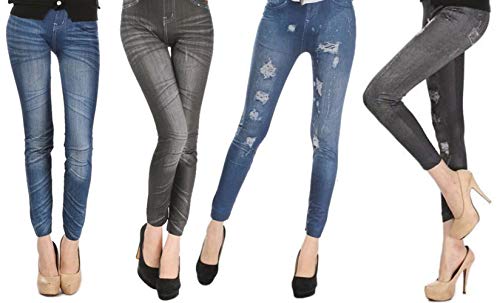 Pack de 4 Jeggins Pantalones Leggins Mujer Vestir Azul Gris (2 Skinny + 2 Broken)