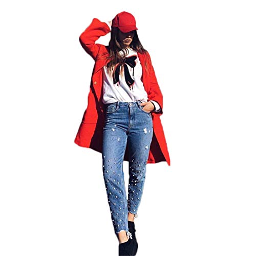 PanpanBox Vaqueros Mujer con Perlas Recto Pantalones Cintura Alta Jeans Pants Primavera Otoño Pantalones Cargo Desgarrados Pantalones Chino (42-XL)
