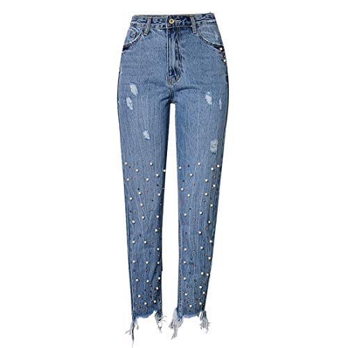 PanpanBox Vaqueros Mujer con Perlas Recto Pantalones Cintura Alta Jeans Pants Primavera Otoño Pantalones Cargo Desgarrados Pantalones Chino (42-XL)