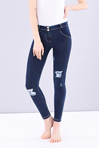 Pantalón WR.UP® Pitillo de Talle y Largo estándar de Punto de Efecto Denim - Jeans Oscuro-Costuras Blancas - Extra Small