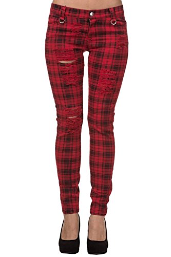 Pantalones Ajustados Rojo Tartán a Cuadros Rasgados Emo Punk de Banned - (XL / 34" / ES 44)