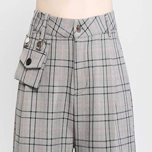 Pantalones Anchos de Pierna Ancha Holgados con Micro Plisados a Cuadros de Cintura Alta para Mujer Pantalones Cortos de Calle Hipster de Ocio Diario con Bolsillos XXL