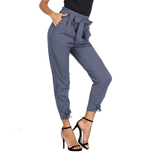 Pantalones Anchos Mujer con Cintura Alta Cinturón Elástico con Arco Transpirable Azul Claro S Cl10903-1