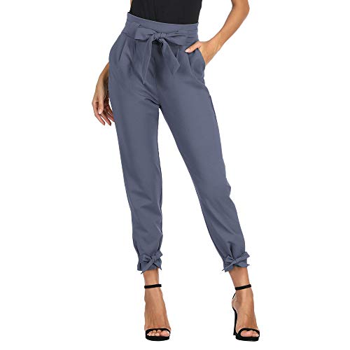 Pantalones Anchos Mujer con Cintura Alta Cinturón Elástico con Arco Transpirable Azul Claro S Cl10903-1