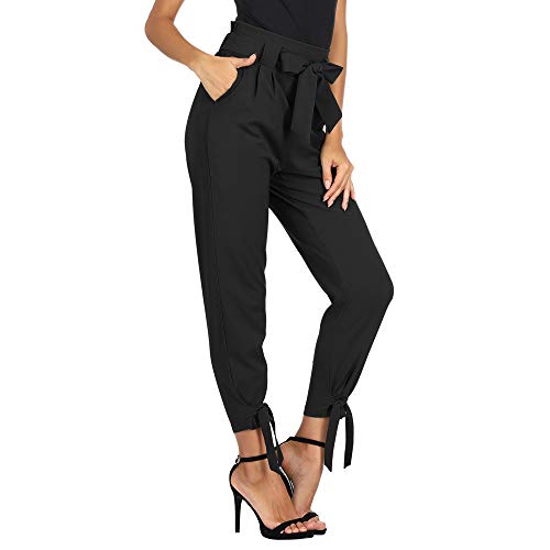 Pantalones Anchos para Mujer de Verano con Cintura Alta Cinturón Elástico con Arco Transpirable Ligero Casual Negro S Cl10903-1