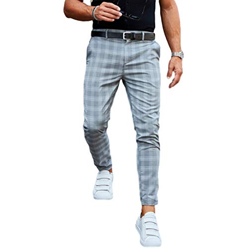 Pantalones Casuales para Hombre con Estampado a Cuadros, Delgados y cómodos, con Tendencia a la Moda, Pantalones hasta el Tobillo con Botones y Tapeta con Cremallera Large