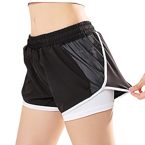 Pantalones cortos deportivos 2 en 1 para mujer Pantalones cortos elásticos de doble capa para correr (Blanco, S)