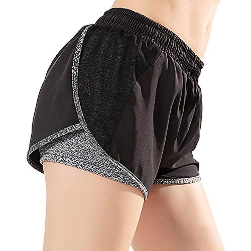 Pantalones cortos deportivos 2 en 1 para mujer Pantalones cortos elásticos de doble capa para correr (gris, 2XL)