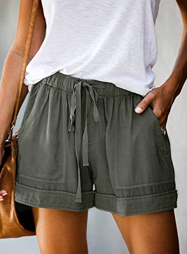 Pantalones Cortos Mujer Shorts Cintura Elástica Casual con Cordón de Color Sólido con Bolsillos Verde S