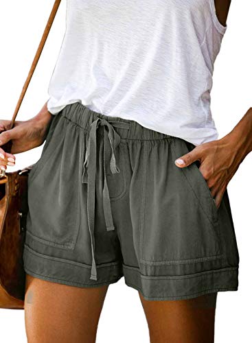 Pantalones Cortos Mujer Shorts Cintura Elástica Casual con Cordón de Color Sólido con Bolsillos Verde S