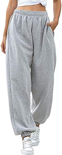 Pantalones de Chándal para Mujer Chica Pantalones Hip Hop Holgados para Jogging Deportes Gimnasia Gimnasio Danza con Elástico Moda Casual (Gris, S)