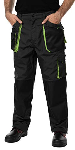 Pantalones de Trabajo para Hombre, Pantalon de Seguridad, Pantalones de Proteccion, Ropa Hombre, Bolsillos Multiusos, S - 3XL, con Rodilleras Trabajo. Resistente (L, Negro/Verde)