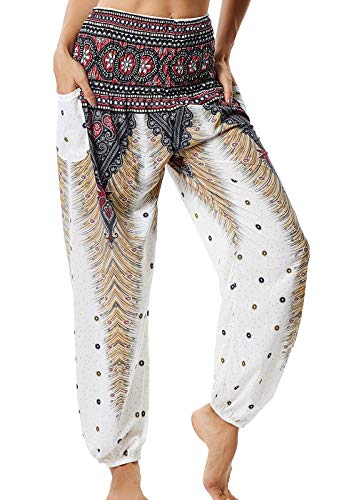 Pantalones de Yoga Mujer Harem Boho del Lazo del Pavo Real Flaral Funky #2 Flor Impresa-A