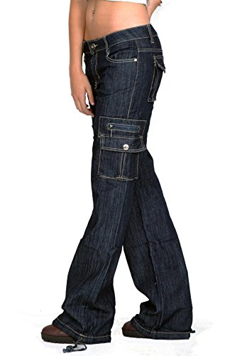 Pantalones Denim Cargo Militares para Mujer Jeans de Combate Anchos y Sueltos – Azul Oscuro - 38