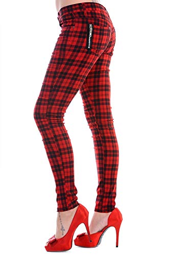 Pantalones estilo punk de Banned Clothing, cuadros tartán rojo, ajustados, con cremalleras Rojo rosso 40